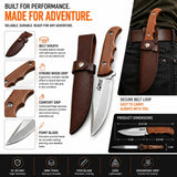 Fixed Blade Camping Knife – Stainless Steel Outdoor Utility Knife with Ergonomic Wooden Handle and Leather Sheath for Camping, Hiking and Bushcraft
