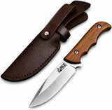 Fixed Blade Camping Knife – Stainless Steel Outdoor Utility Knife with Ergonomic Wooden Handle and Leather Sheath for Camping, Hiking and Bushcraft
