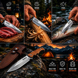 Fixed Blade Camping Knife – Stainless Steel Outdoor Utility Knife with Ergonomic Wooden Handle and Leather Sheath for Camping, Hiking and Bushcraft