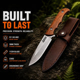 Fixed Blade Camping Knife – Stainless Steel Outdoor Utility Knife with Ergonomic Wooden Handle and Leather Sheath for Camping, Hiking and Bushcraft